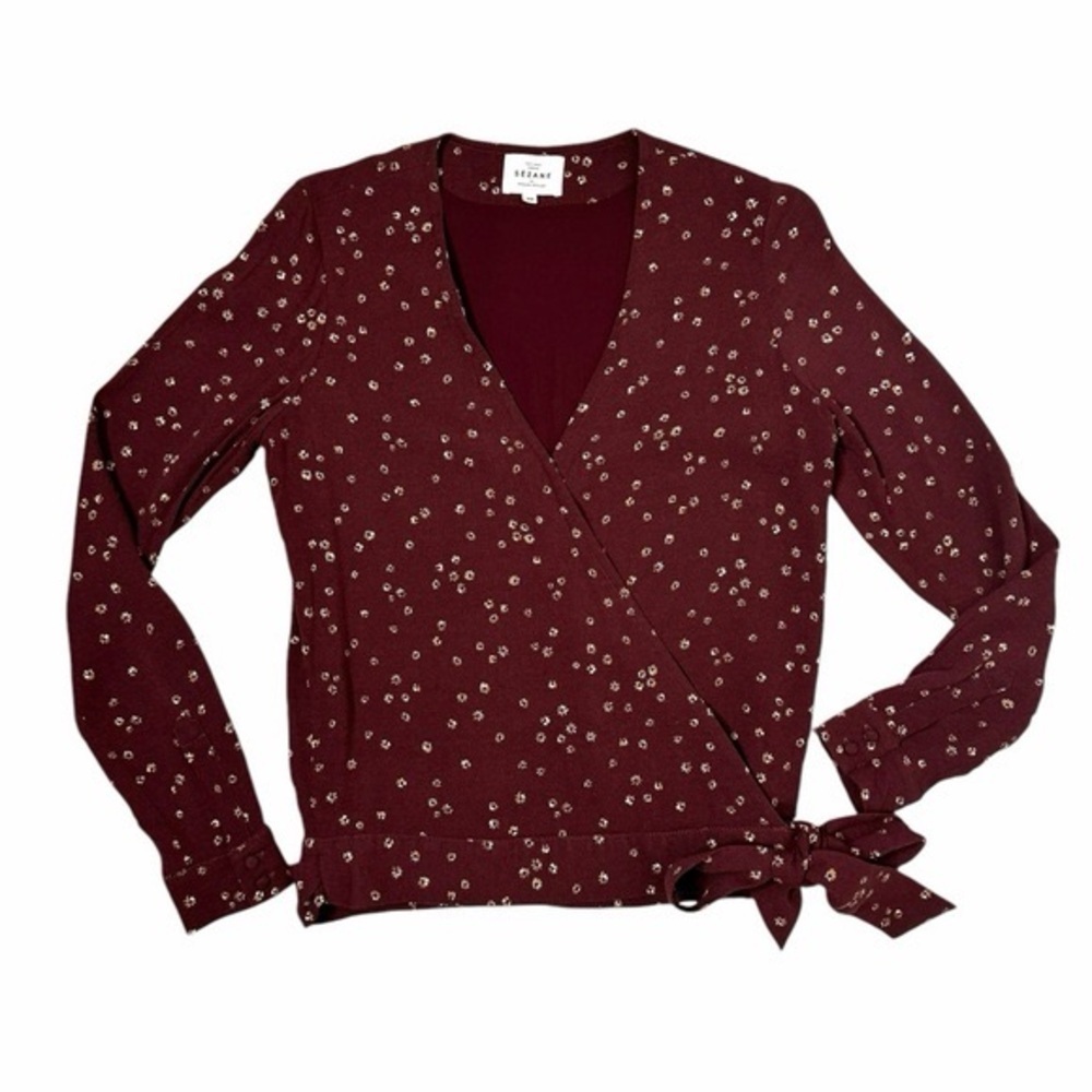 Sezane Ella Blouse Burgundy Red Floral Wrap Blouse Size EU 44/US 12 - Picture 2 of 5